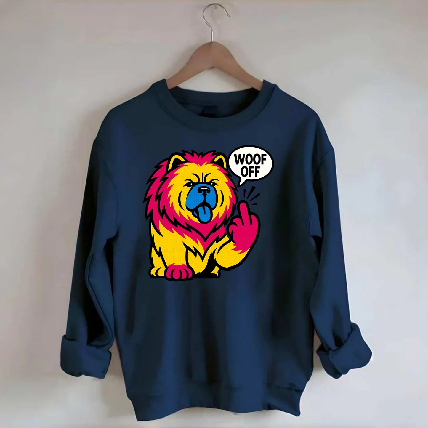 Chow Chow with lion mane and blue-black tongue, fluffy dignified paw up with - Crewneck Sweatshirt - navy