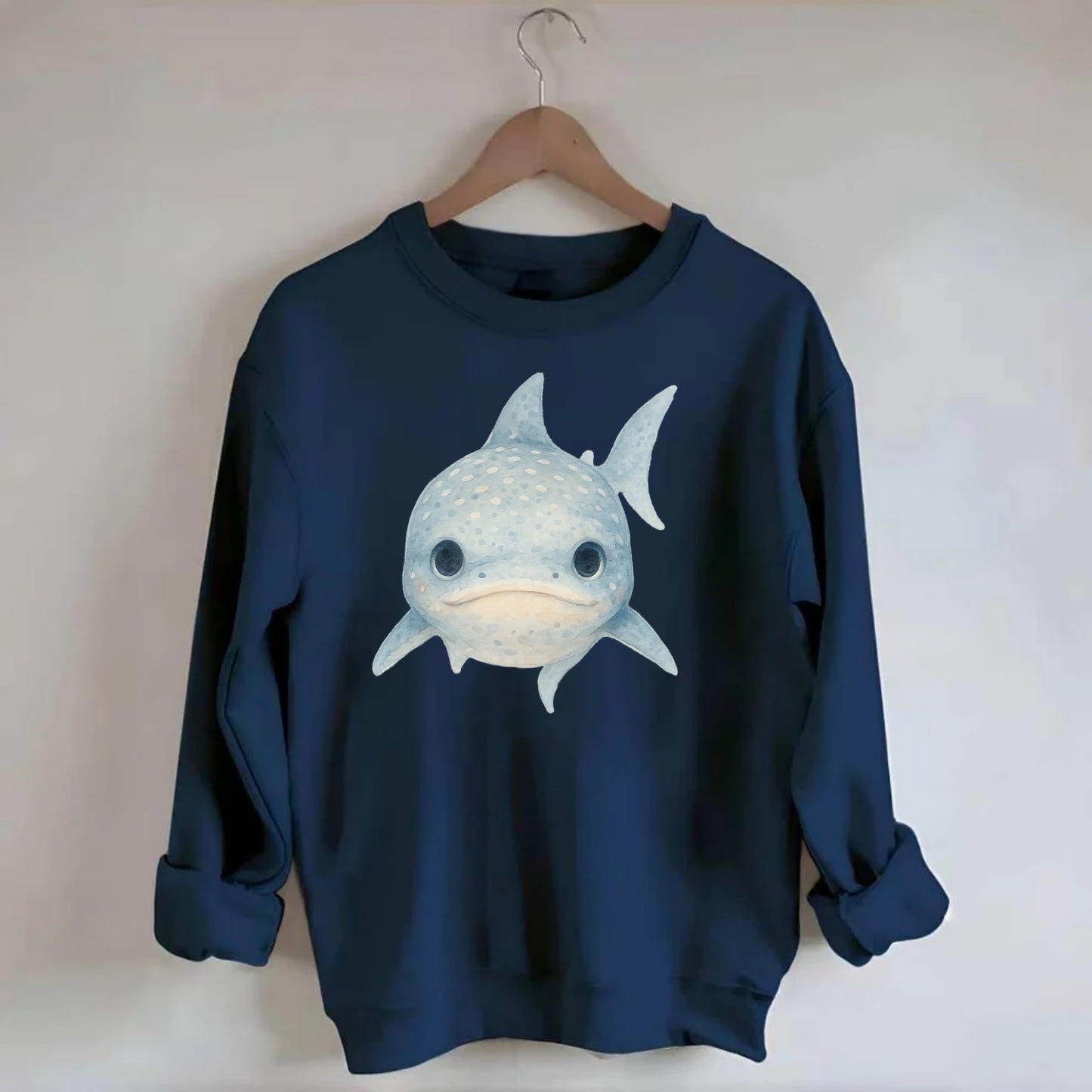 Baby Whale Shark - spotted blue-gray, wide mouth closed, tiny eyes, - Crewneck Sweatshirt - navy