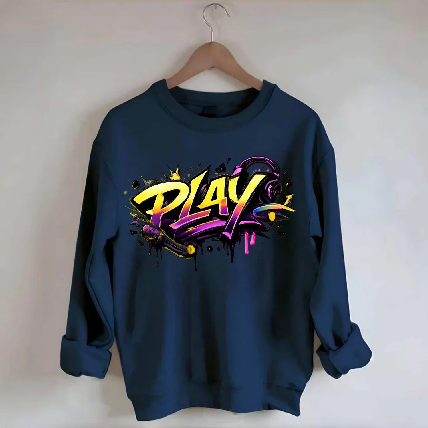 Bold typography design - "PLAY" - creative expression, musical performance - Crewneck Sweatshirt - navy