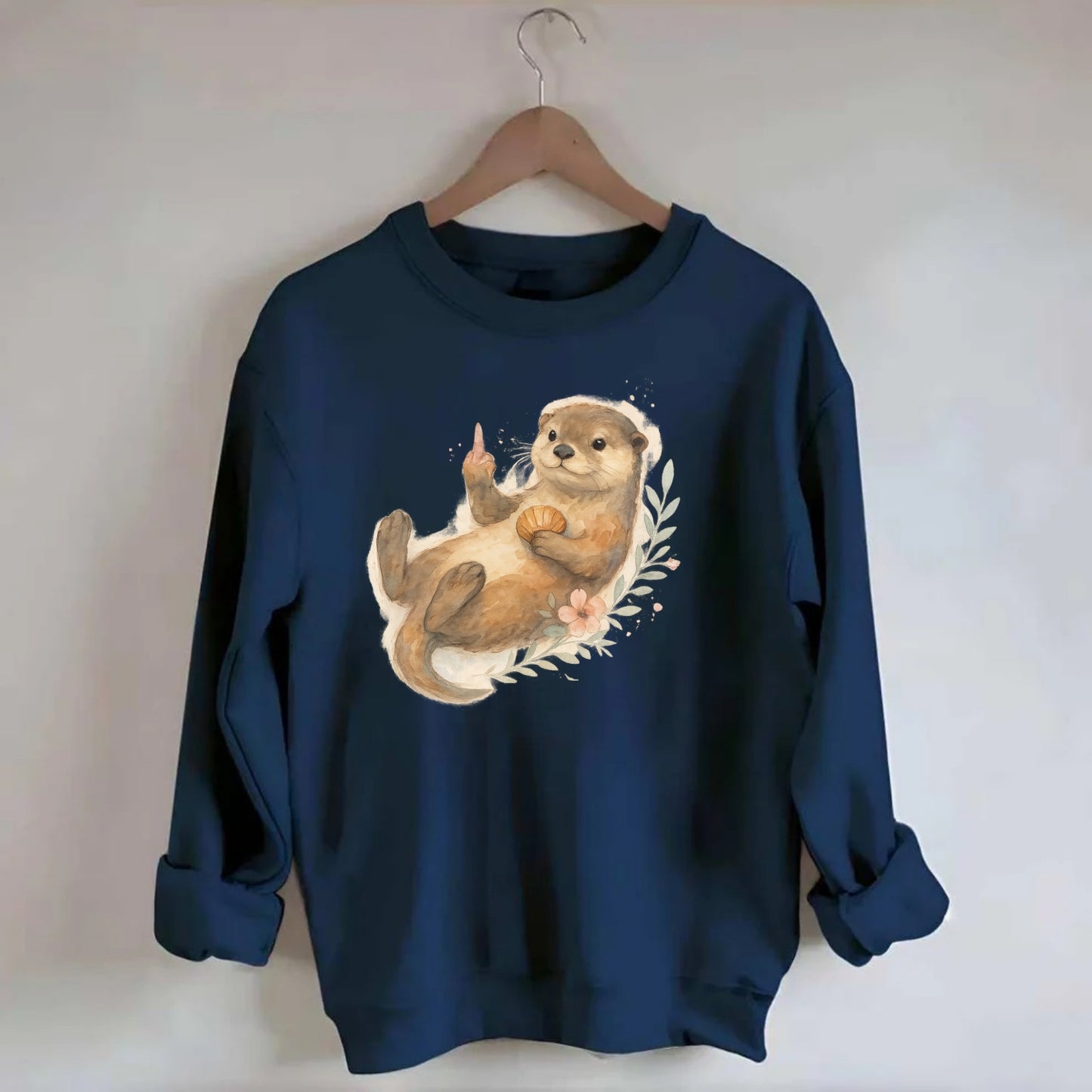 adorable otter floating on back, middle finger up while holding a shellfish - Crewneck Sweatshirt - navy