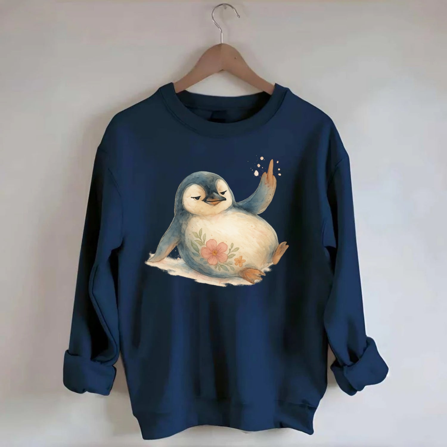 chubby penguin sliding on belly, one flipper up giving attitude - Crewneck Sweatshirt - navy