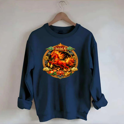 FIRE HORSE | Flaming mane and tail horse | Blazing orange and red colors | - Crewneck Sweatshirt - navy