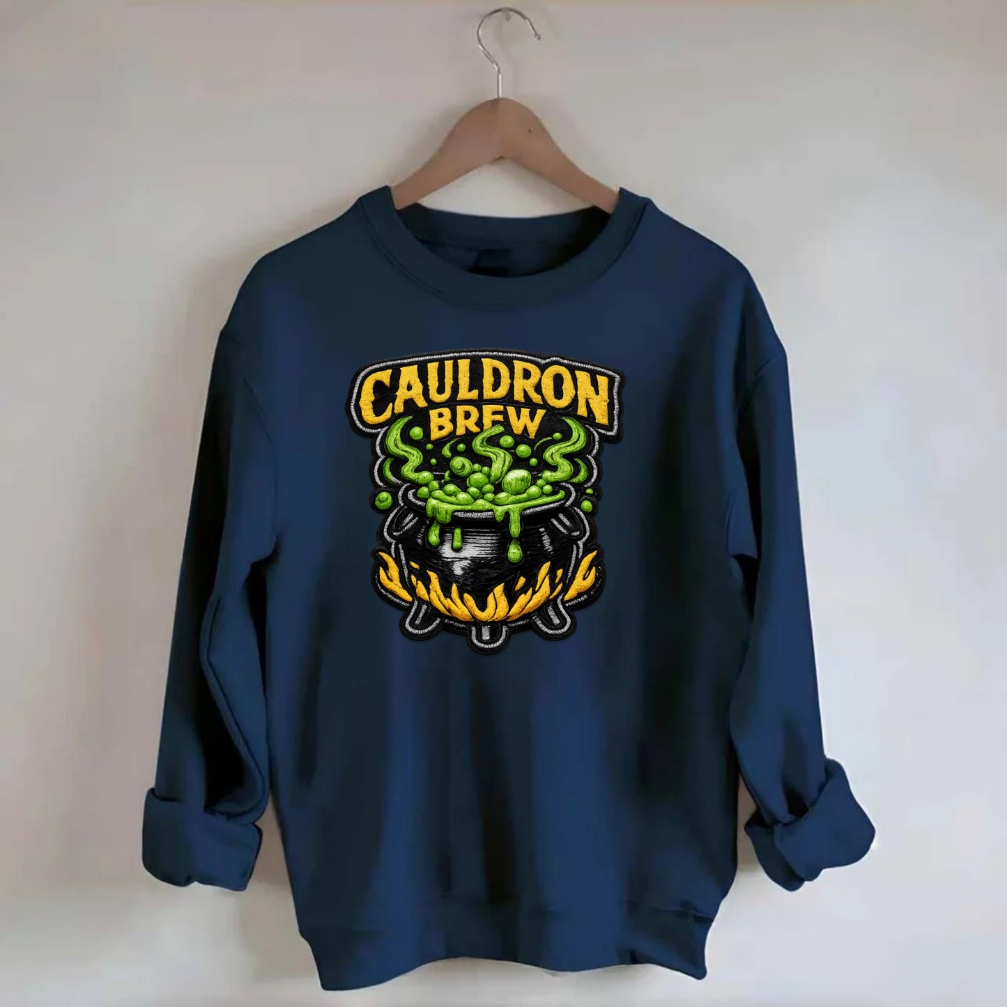 CAULDRON BREW - bubbling pot in black and green , witch craft - Crewneck Sweatshirt - navy