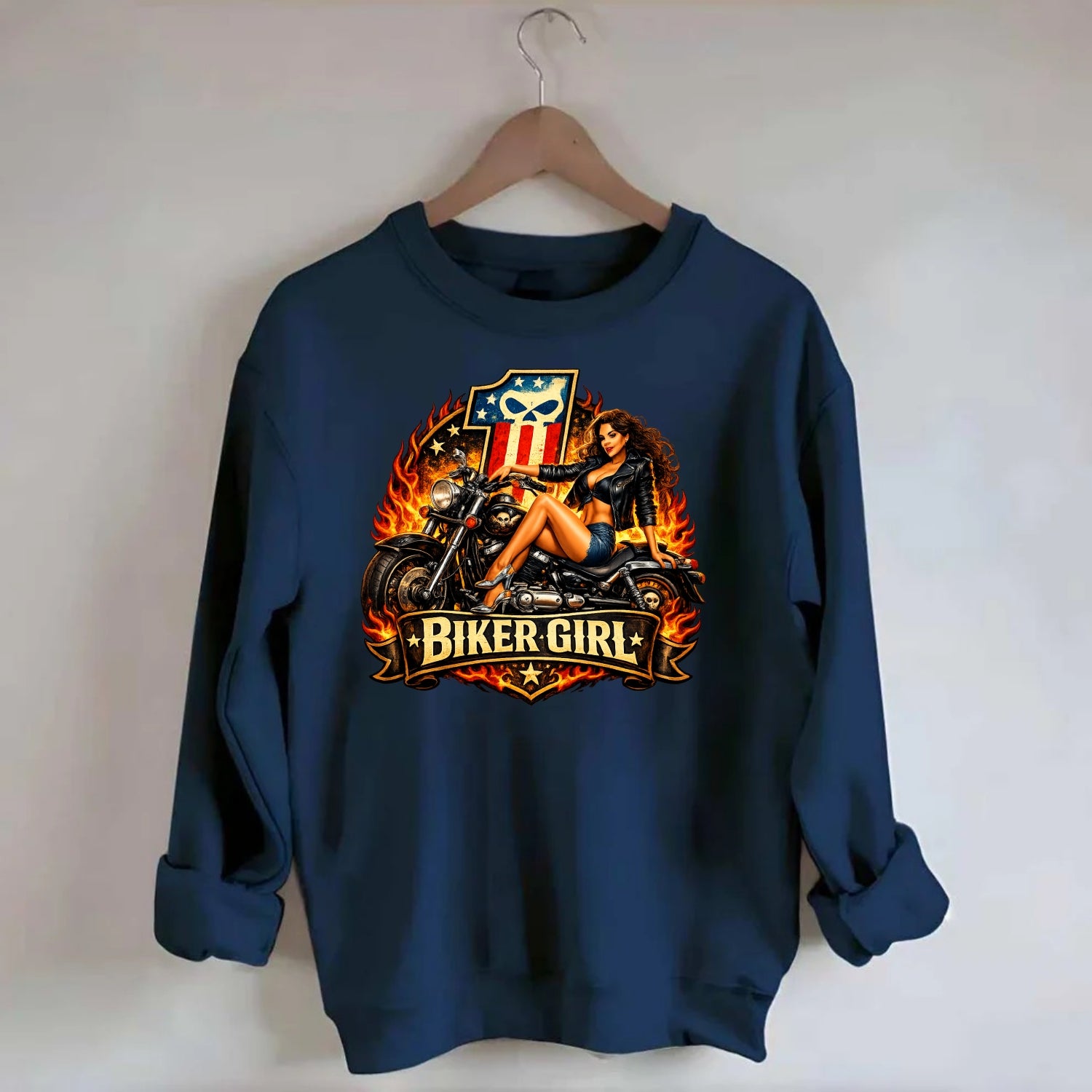 Vintage Biker Pin Up - Crewneck Sweatshirt - navy