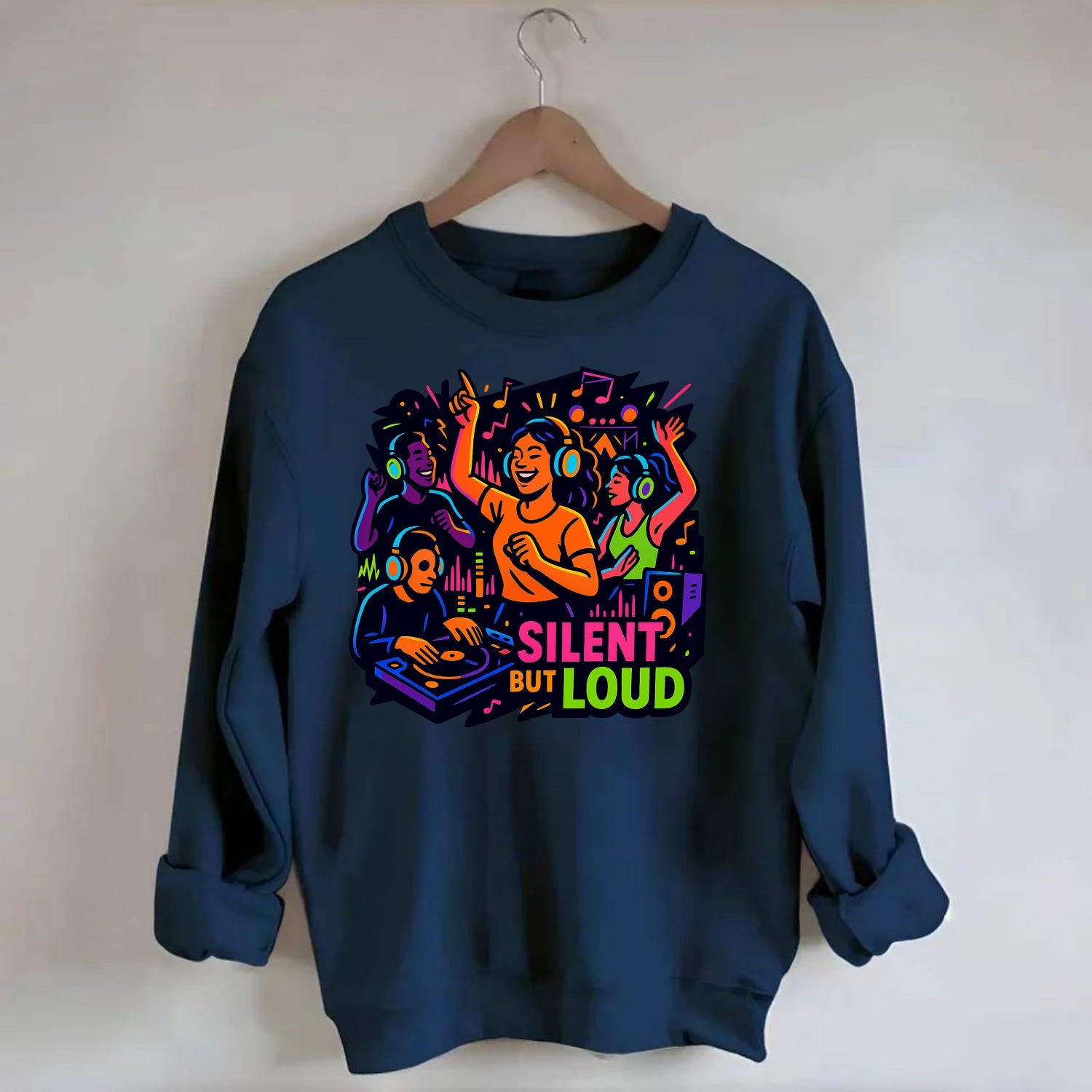 Silent disco dancers with glowing headphones - "Silent But Loud" - unique - Crewneck Sweatshirt - navy