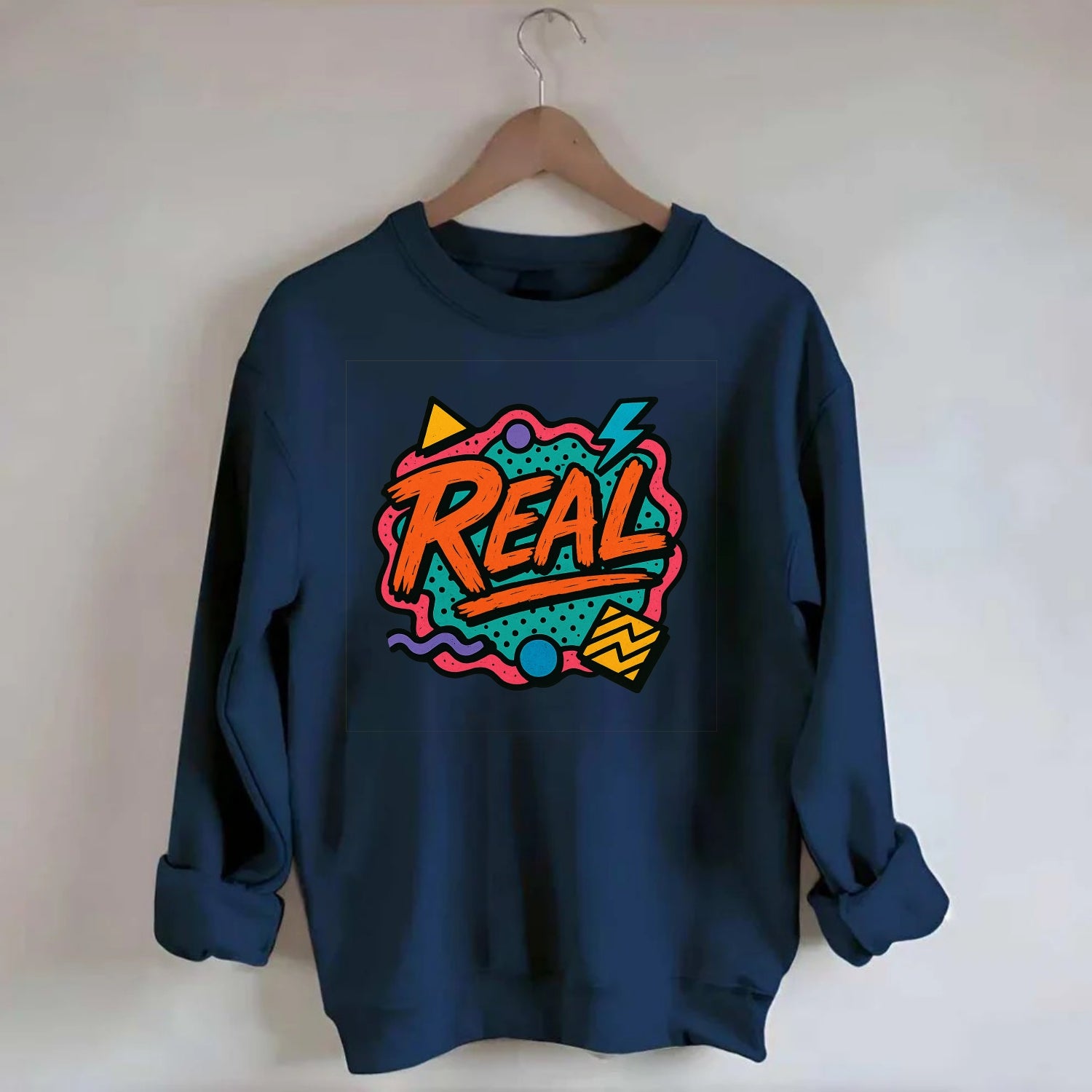 Imperfect brush strokes spelling "Real" - authenticity over perfection, raw - Crewneck Sweatshirt - navy