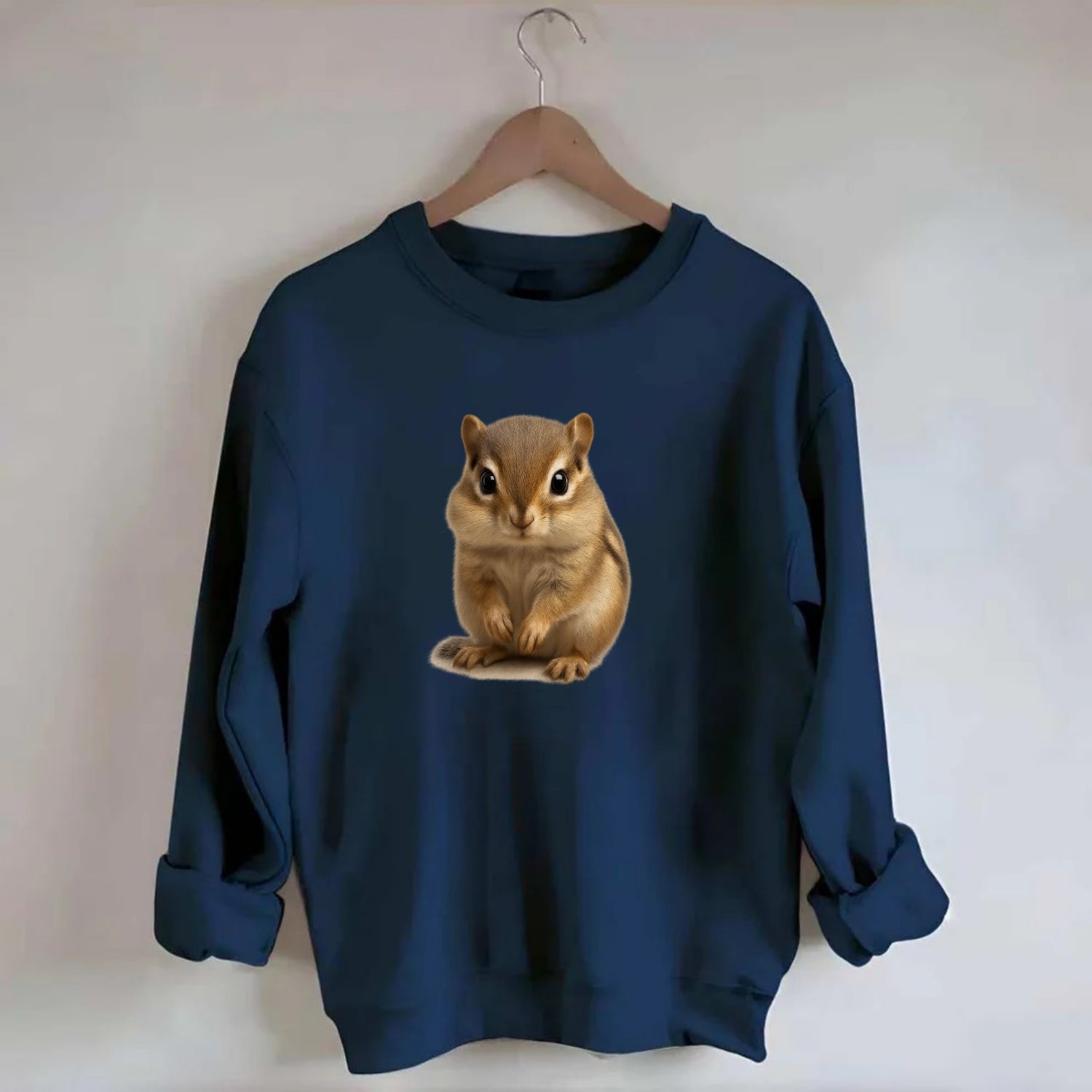 Baby Chipmunk - striped back, cheek pouches, tiny paws, bright eyes, - Crewneck Sweatshirt - navy