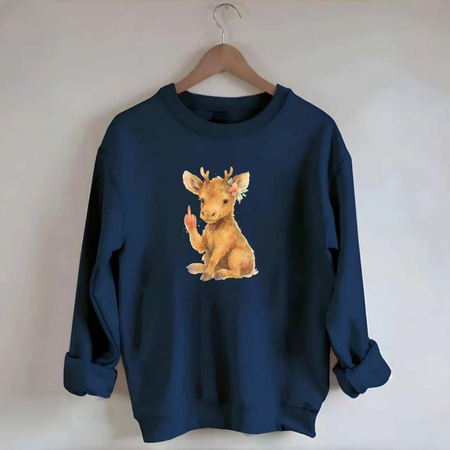 baby moose with adorable tiny antlers, one hoof raised in attitude - Crewneck Sweatshirt - navy