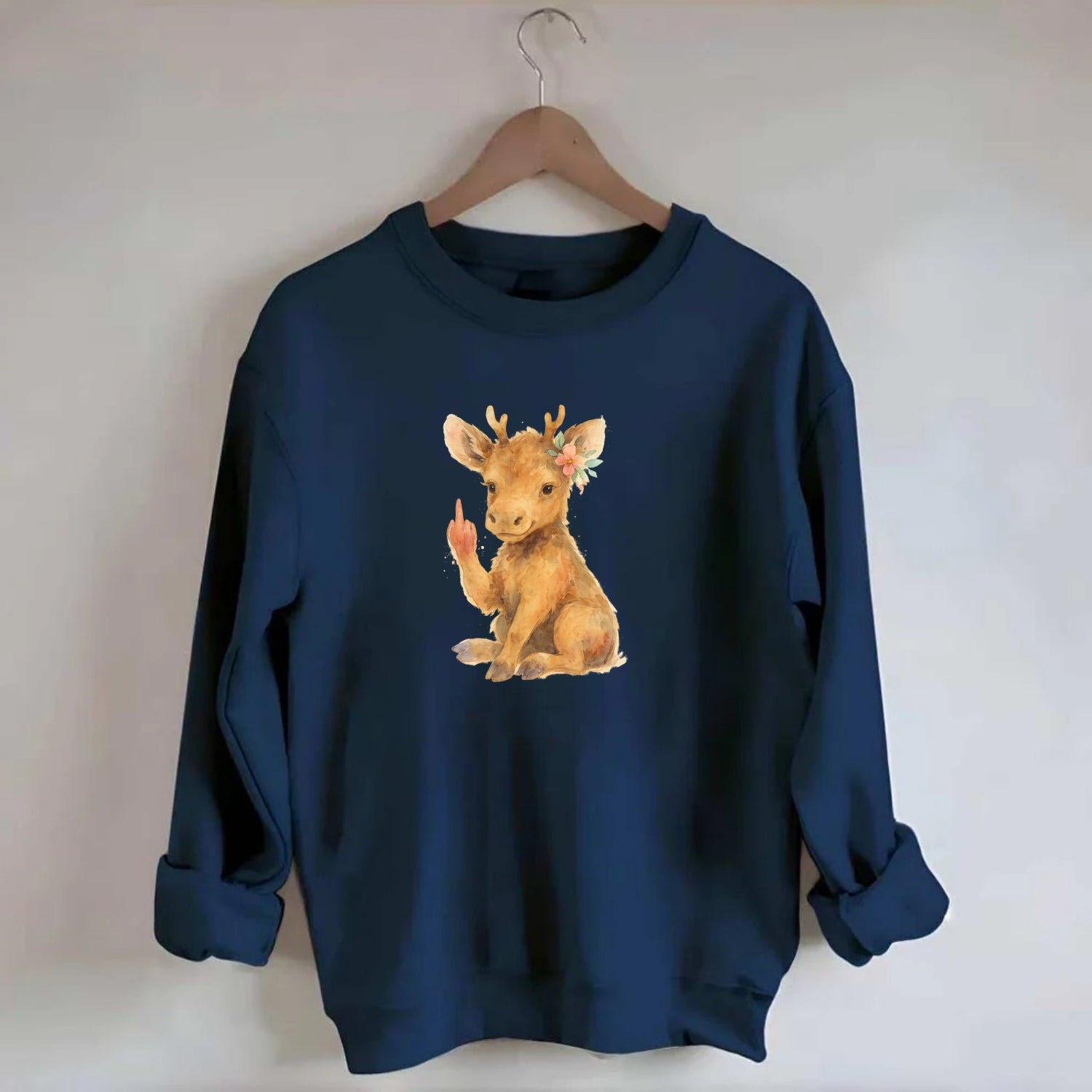baby moose with adorable tiny antlers, one hoof raised in attitude - Crewneck Sweatshirt - navy