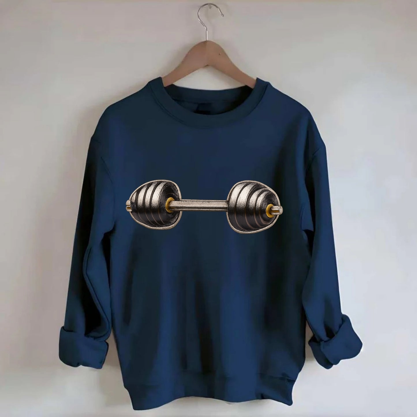 WEIGHTLIFTING BARBELL - heavy barbell with plates in silver and black , iron - Crewneck Sweatshirt - navy