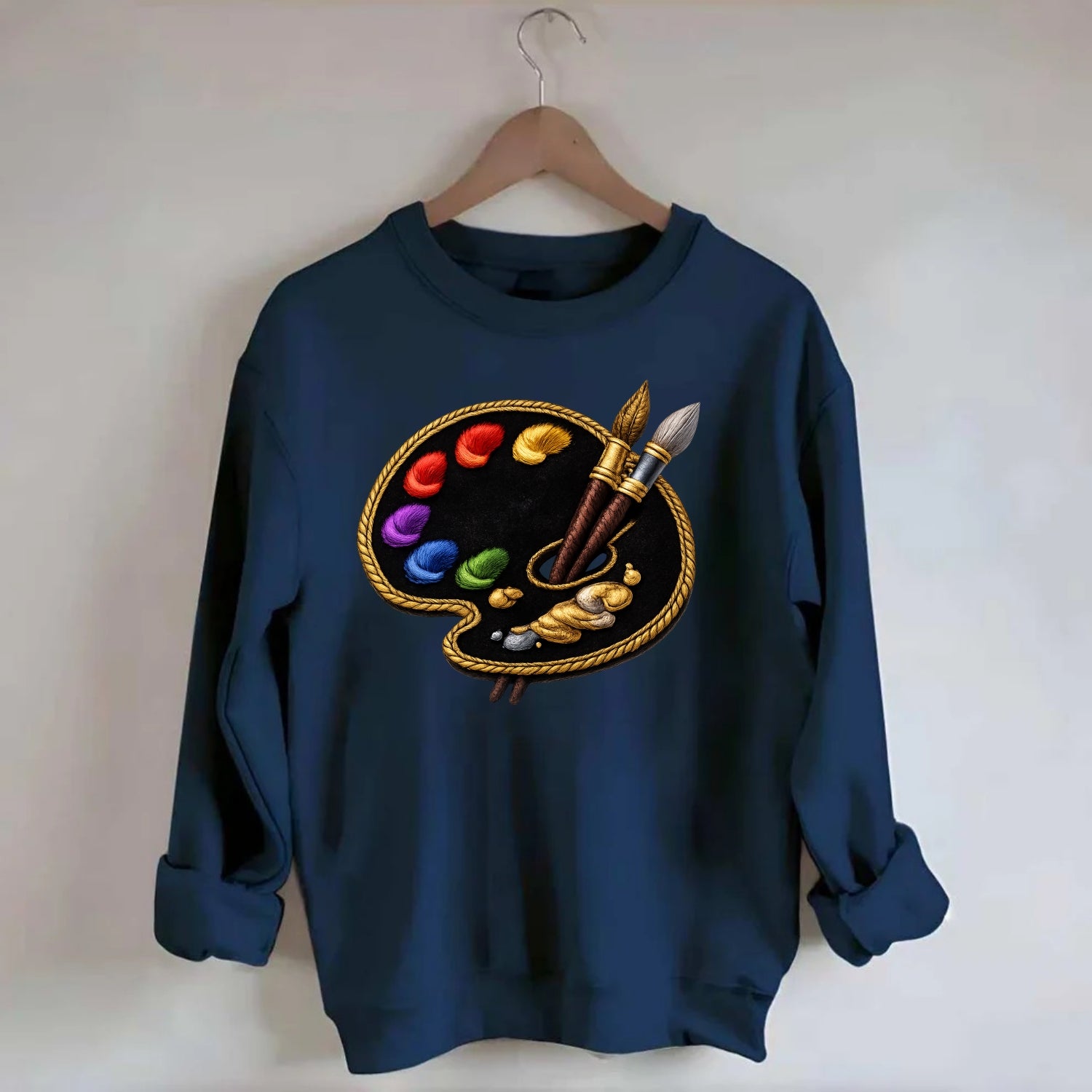 PAINT PALETTE - artist palette with brushes in rainbow and brown , creative - Crewneck Sweatshirt - navy