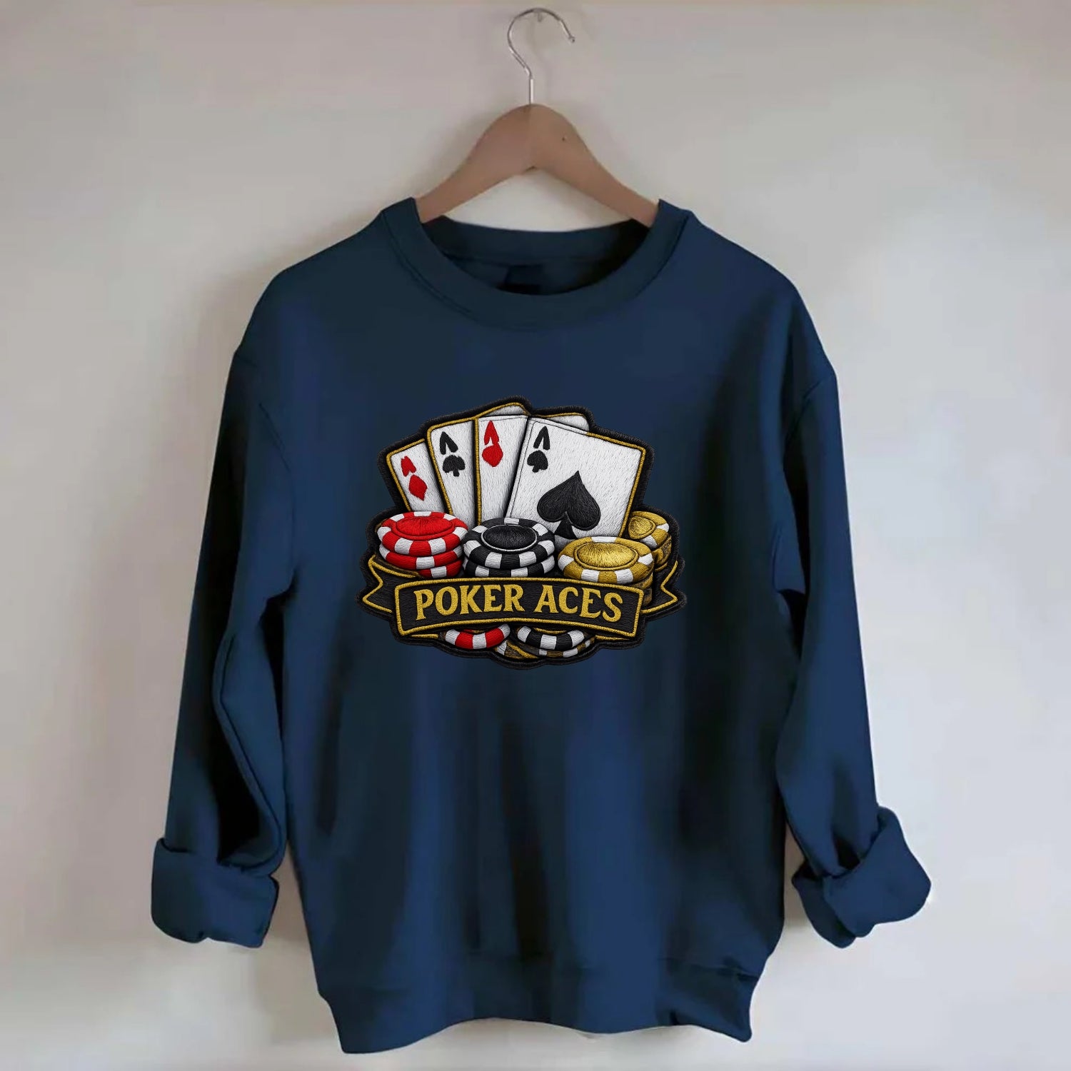 Embroidered patch design - POKER ACES - four aces with chips in red, black - Crewneck Sweatshirt - navy
