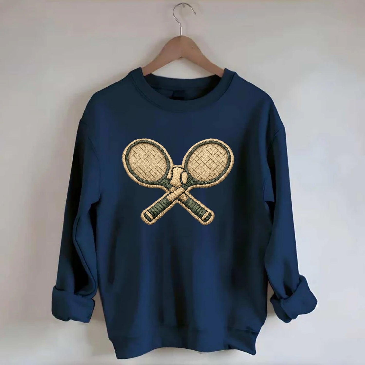 Embroidered patch design - TENNIS RACKET CROSSED - tennis rackets with ball - Crewneck Sweatshirt - navy