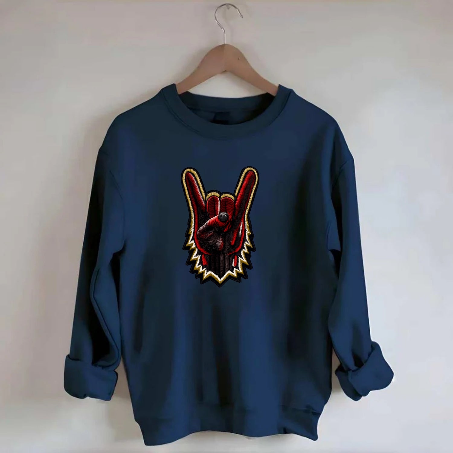 ROCK HAND HORNS - devil horns hand gesture in black and red , metal music - Crewneck Sweatshirt - navy