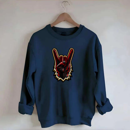 ROCK HAND HORNS - devil horns hand gesture in black and red , metal music - Crewneck Sweatshirt - navy