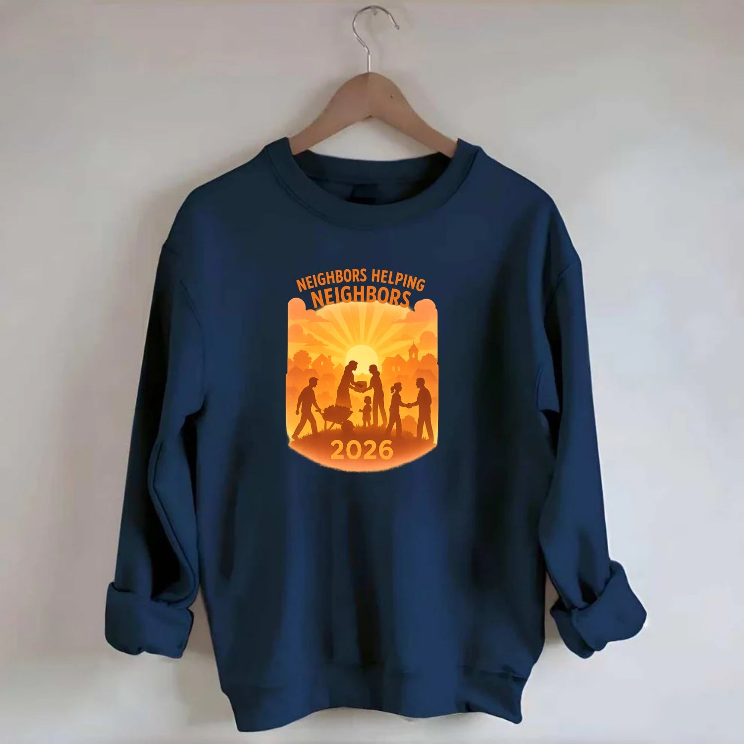 Local communities thriving with shared resources - "Neighbors Helping - Crewneck Sweatshirt - navy