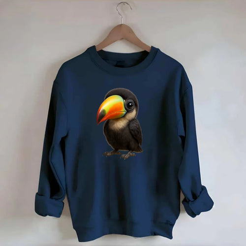 Baby Toucan - oversized colorful beak, black feathers, bright eyes, - Crewneck Sweatshirt