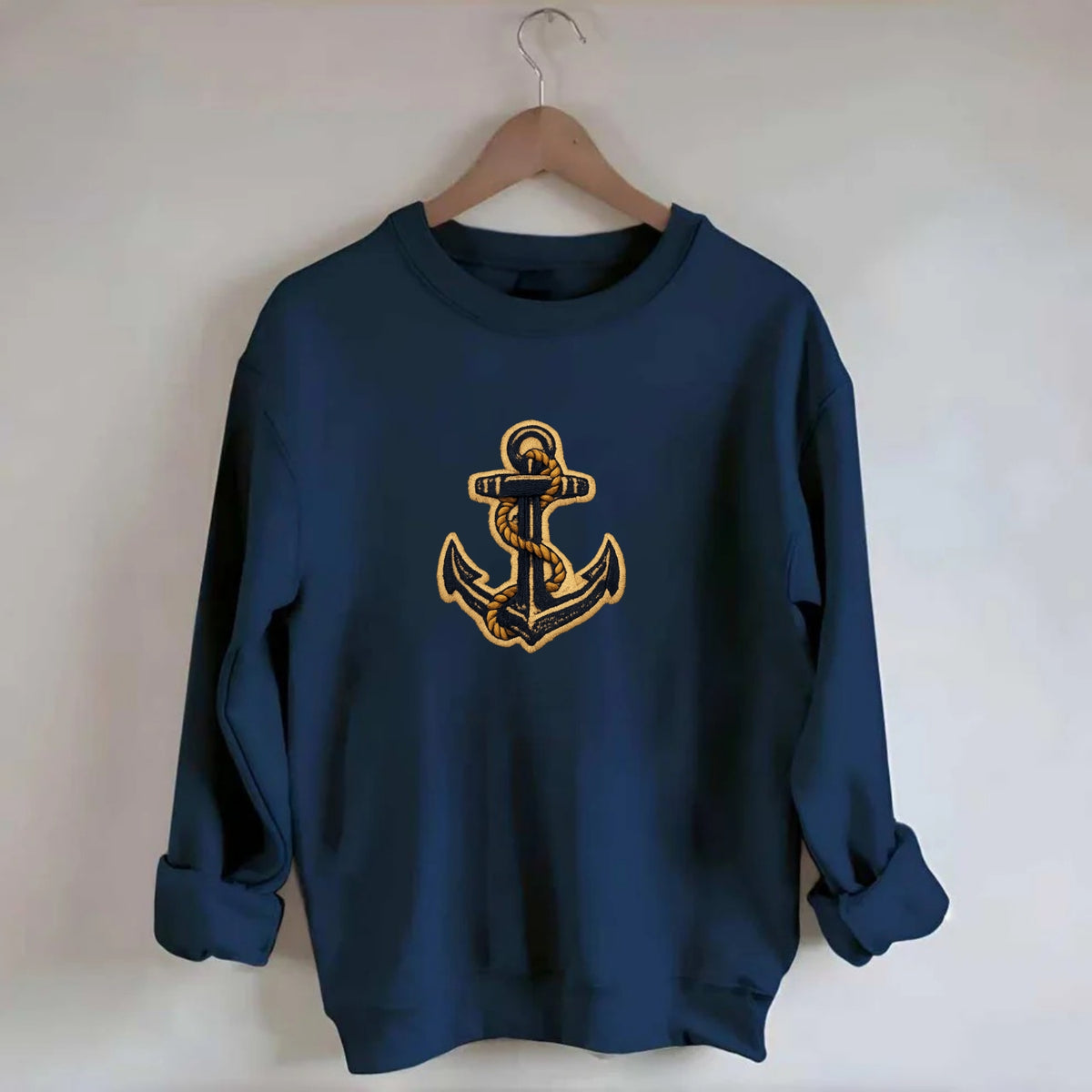 ANCHOR ROPE - classic anchor with rope in navy and gold , sailor - Crewneck Sweatshirt - navy