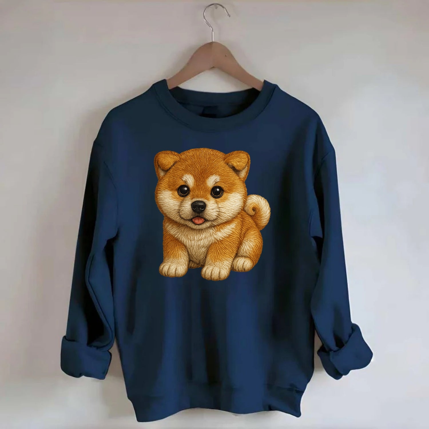 Baby Akita Puppy - fluffy bear-like, curled tail, dignified eyes, - Crewneck Sweatshirt - navy