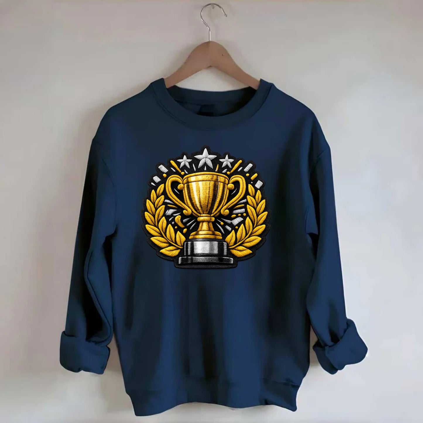 Embroidered patch design - CHAMPIONSHIP TROPHY - golden trophy cup with - Crewneck Sweatshirt - navy