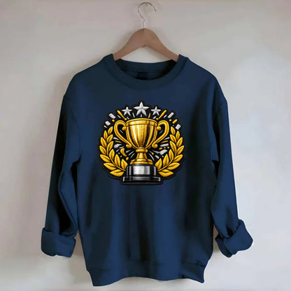 Embroidered patch design - CHAMPIONSHIP TROPHY - golden trophy cup with - Crewneck Sweatshirt - navy