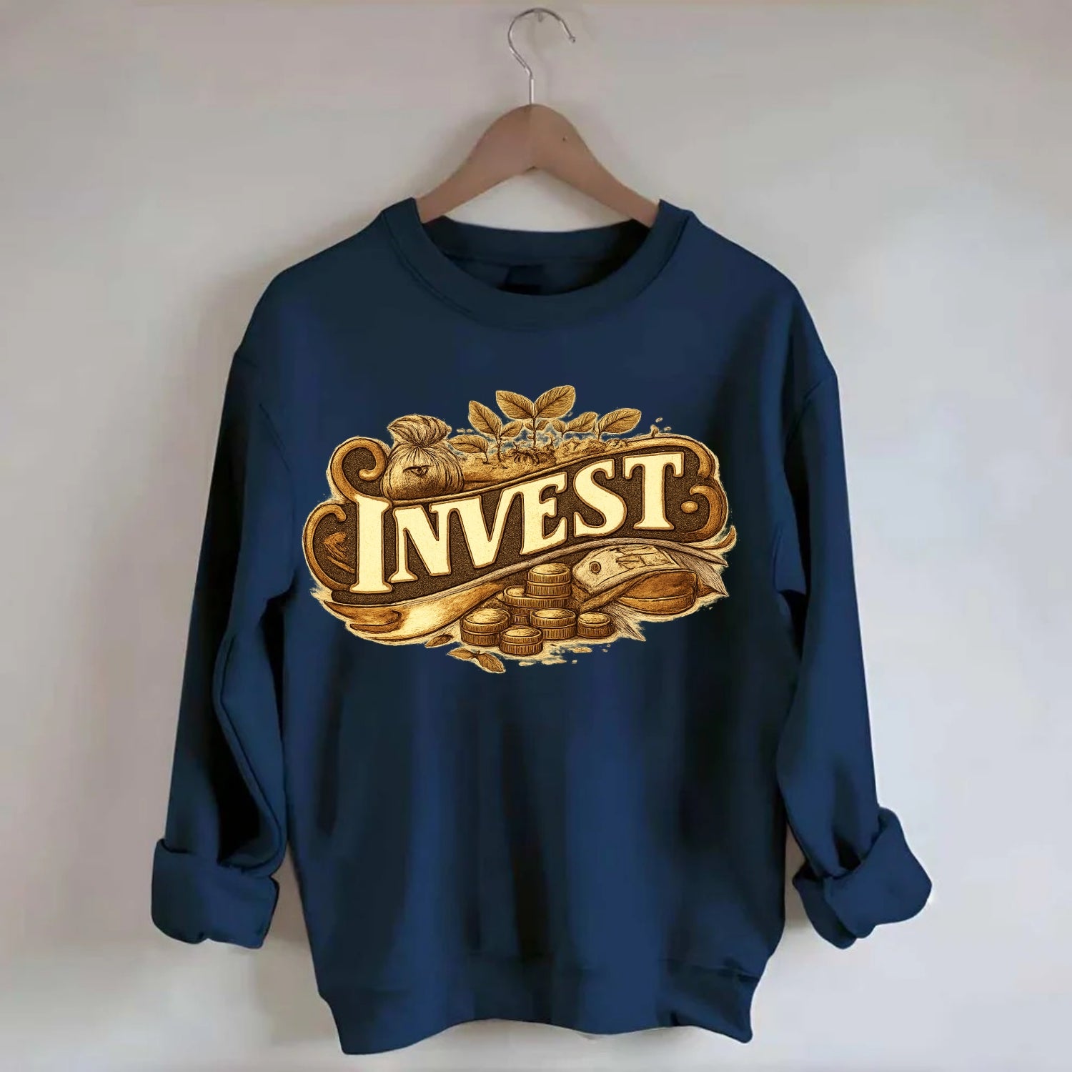Bold typography design - "INVEST" - growing money, smart decisions - Crewneck Sweatshirt - navy