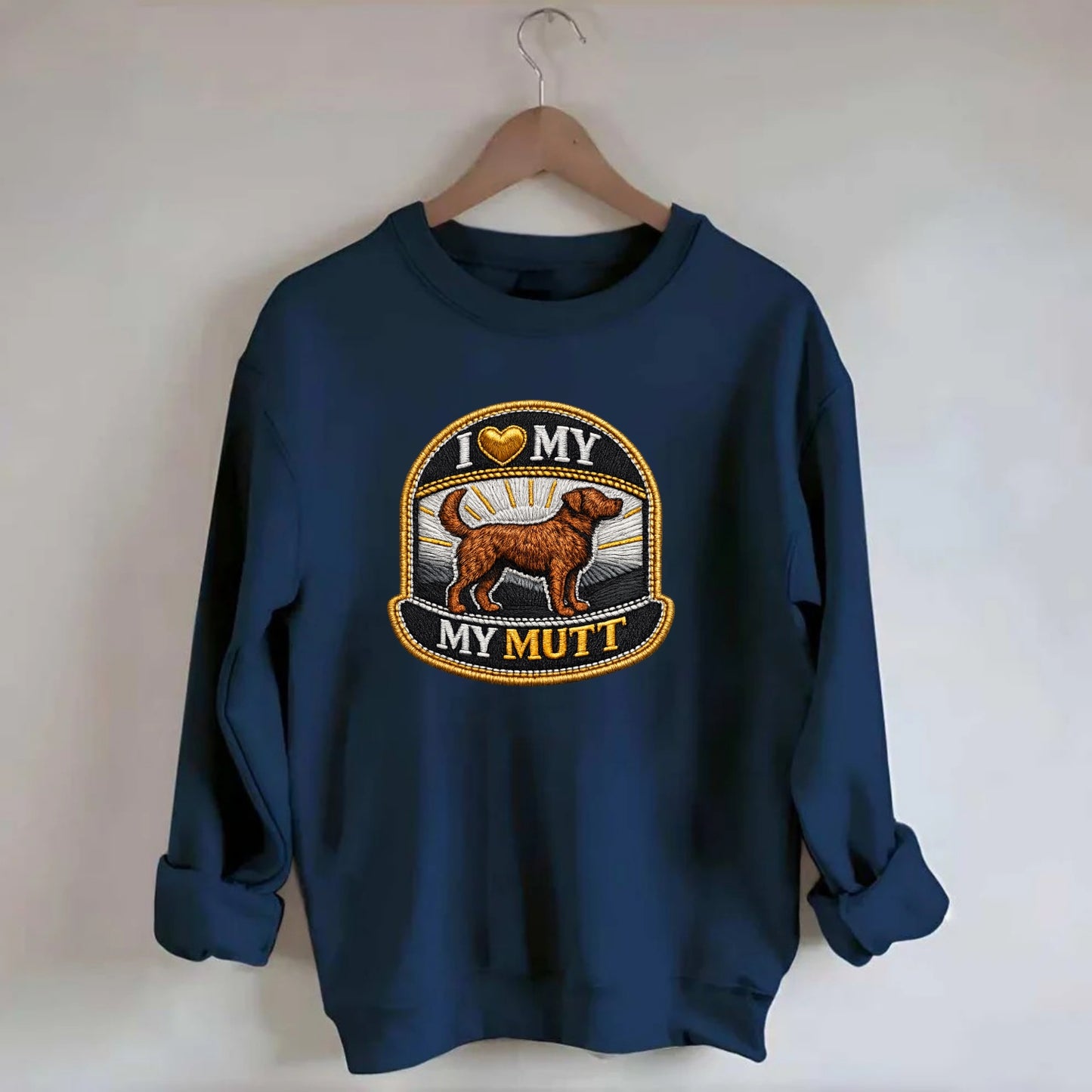 I LOVE MY MUTT - mixed breed silhouette in brown , rescue pride - Crewneck Sweatshirt - navy