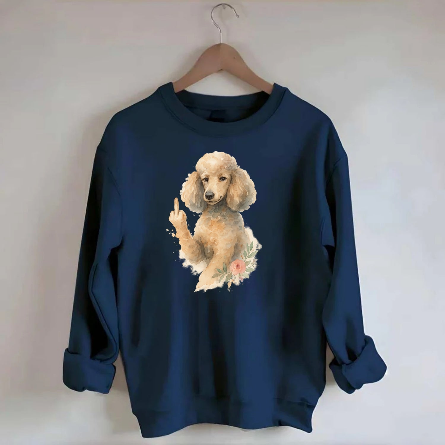 Standard Poodle with curly styled coat, intelligent face, fancy paw giving - Crewneck Sweatshirt - navy