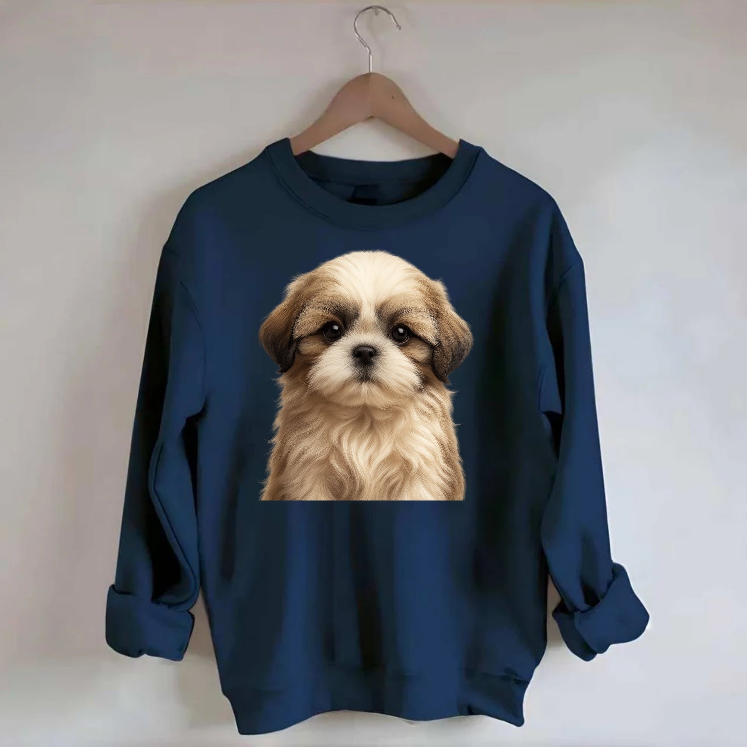 Baby Shih Tzu Puppy - long flowing coat, flat face, big dark eyes, - Crewneck Sweatshirt - navy