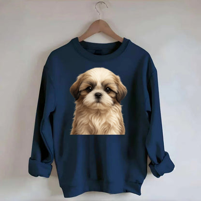 Baby Shih Tzu Puppy - long flowing coat, flat face, big dark eyes, - Crewneck Sweatshirt - navy