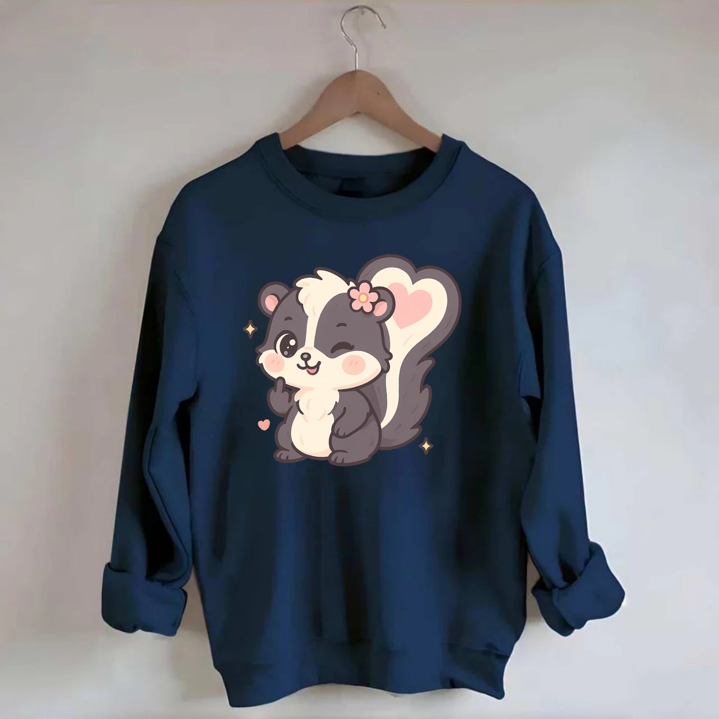 fluffy skunk with heart-shaped tail pattern, one paw up showing sass - Crewneck Sweatshirt - navy
