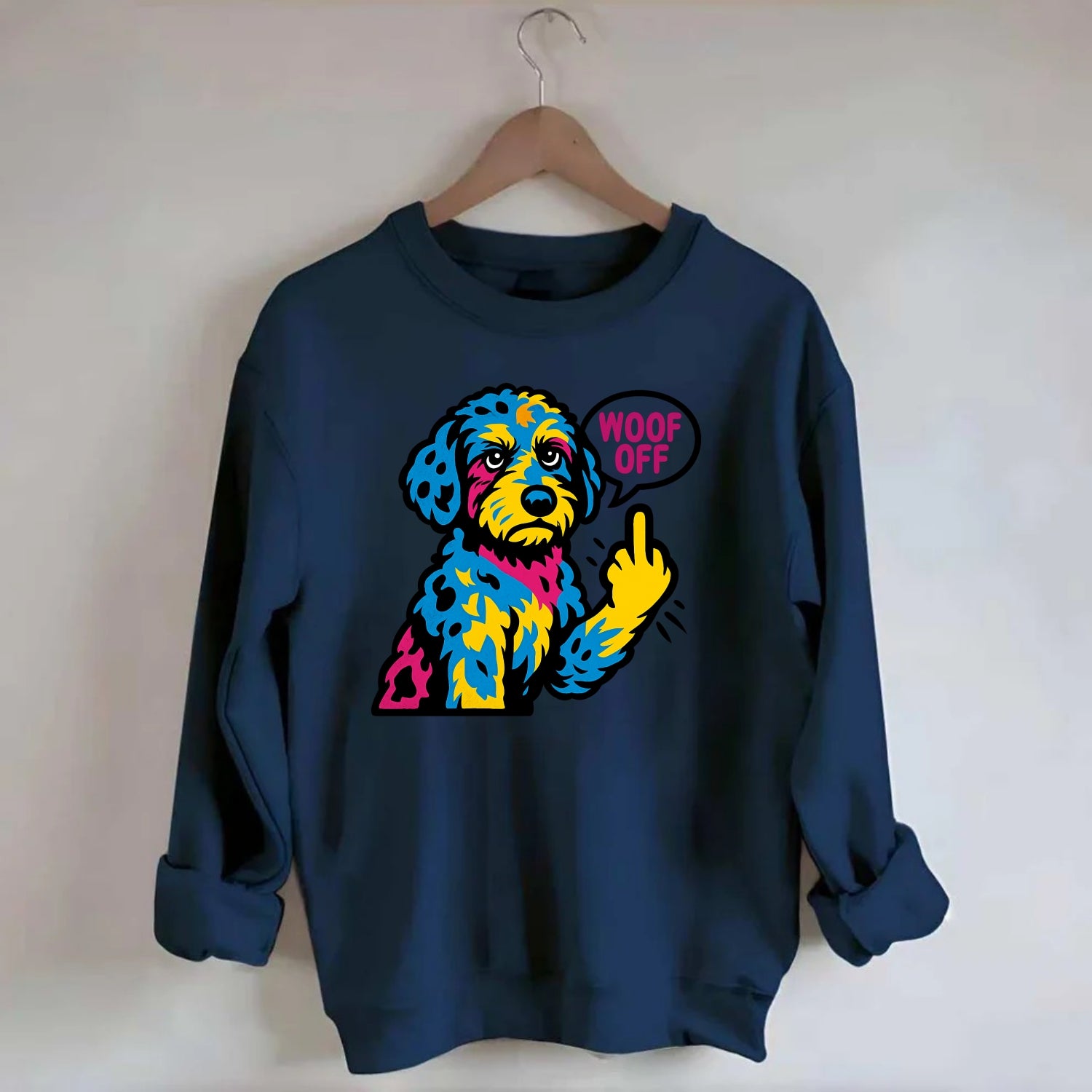 Aussiedoodle with merle patches and curly coat, playful smart paw raised - Crewneck Sweatshirt - navy