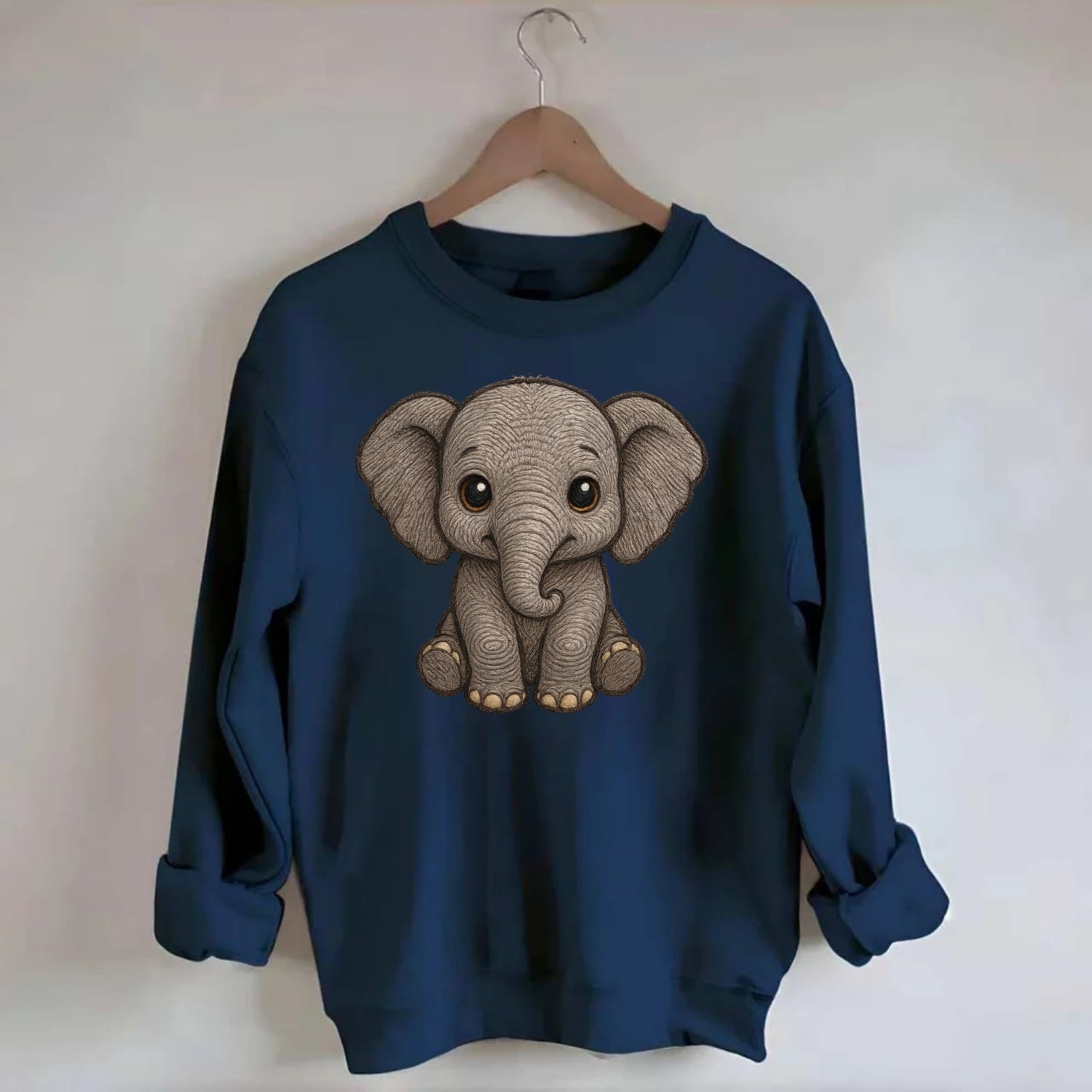 Baby Elephant - gray wrinkly, tiny trunk, large floppy ears, kind dark eyes, - Crewneck Sweatshirt - navy