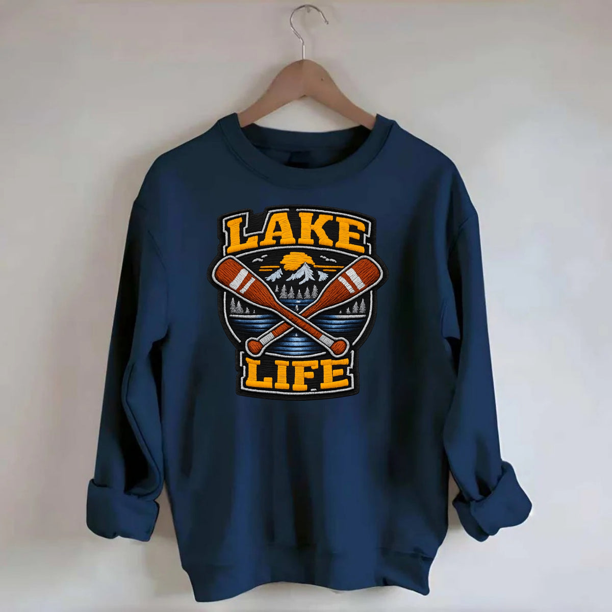 CANOE PADDLE - wooden paddle crossed in brown and cream , lake life - Crewneck Sweatshirt - navy