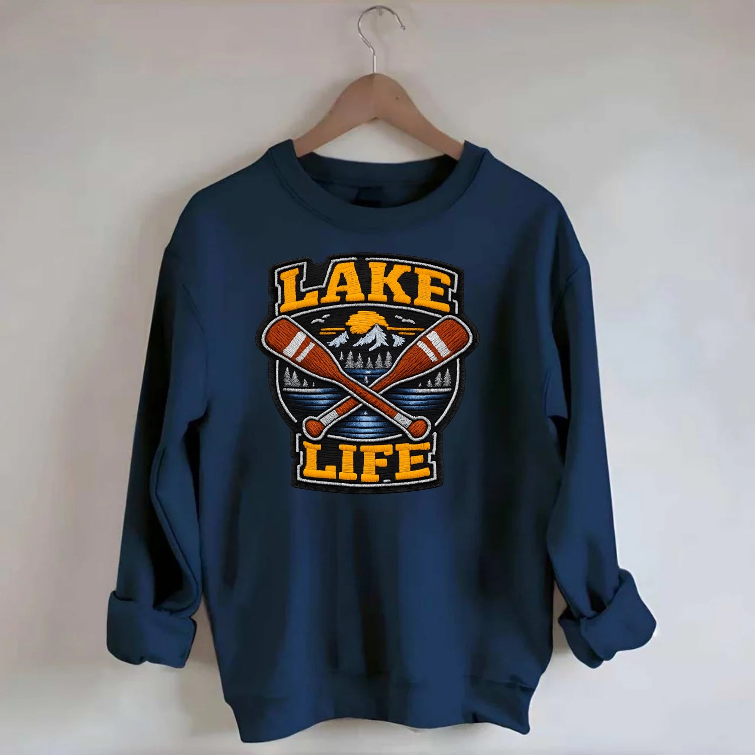 CANOE PADDLE - wooden paddle crossed in brown and cream , lake life - Crewneck Sweatshirt - navy