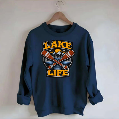 CANOE PADDLE - wooden paddle crossed in brown and cream , lake life - Crewneck Sweatshirt - navy