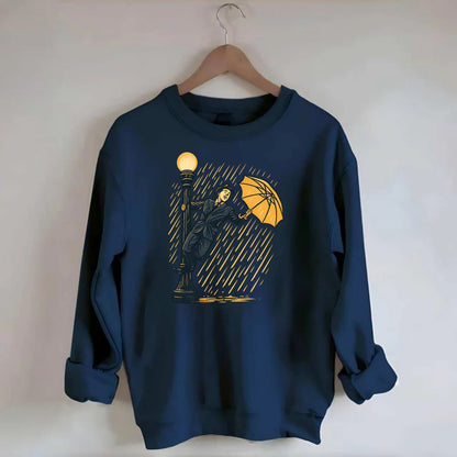 joyful dancing on lamppost in heavy rain with big smile - Crewneck Sweatshirt - navy