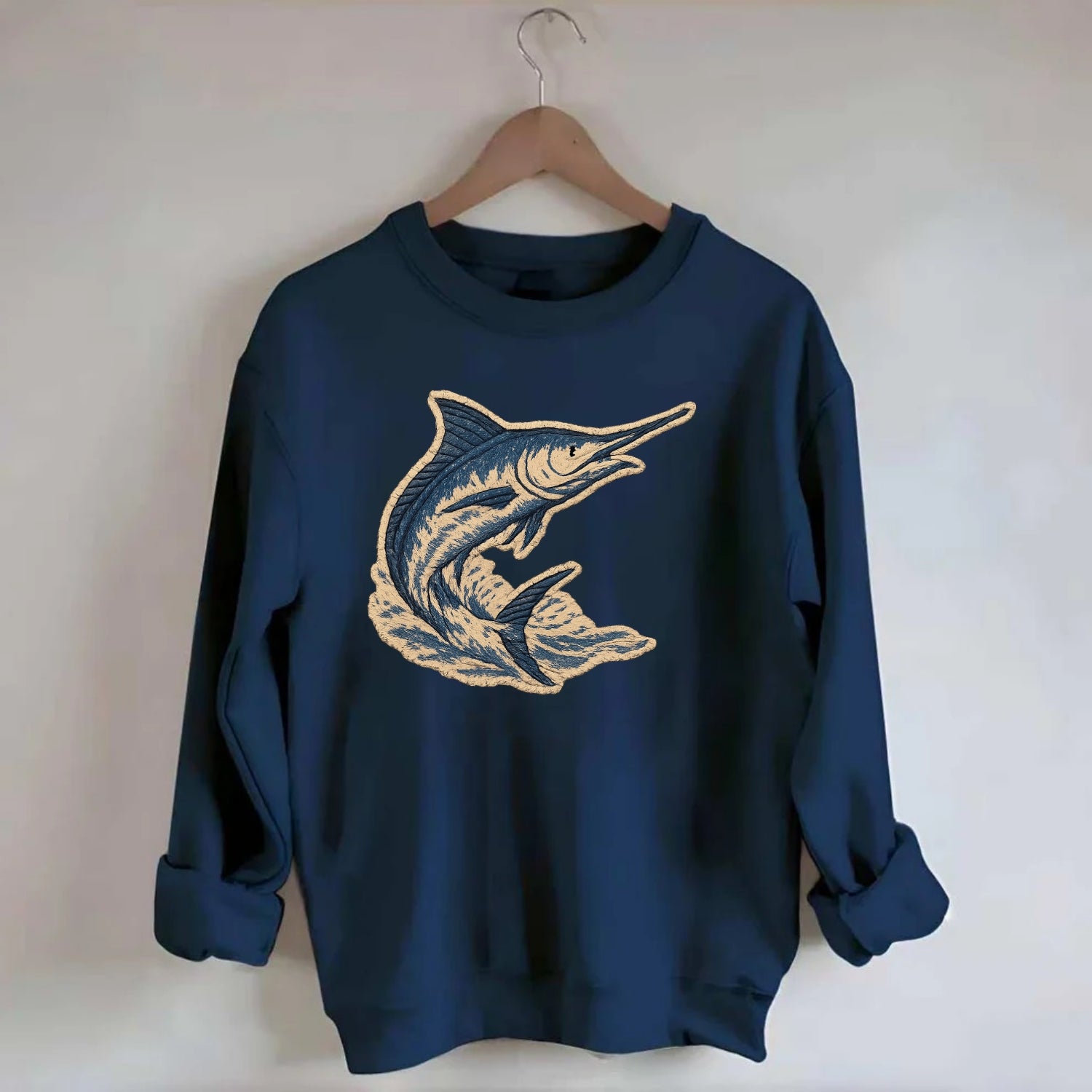 SWORDFISH MARLIN - leaping marlin in blue and silver , sport fishing - Crewneck Sweatshirt - navy