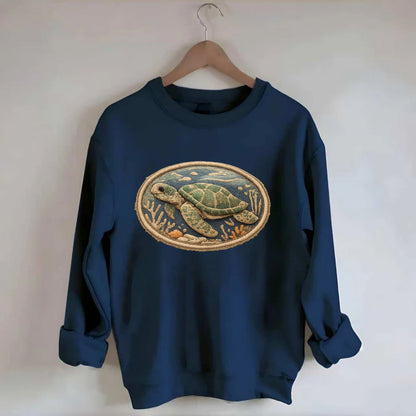 SEA TURTLE - swimming turtle in green and blue , ocean life - Crewneck Sweatshirt - navy