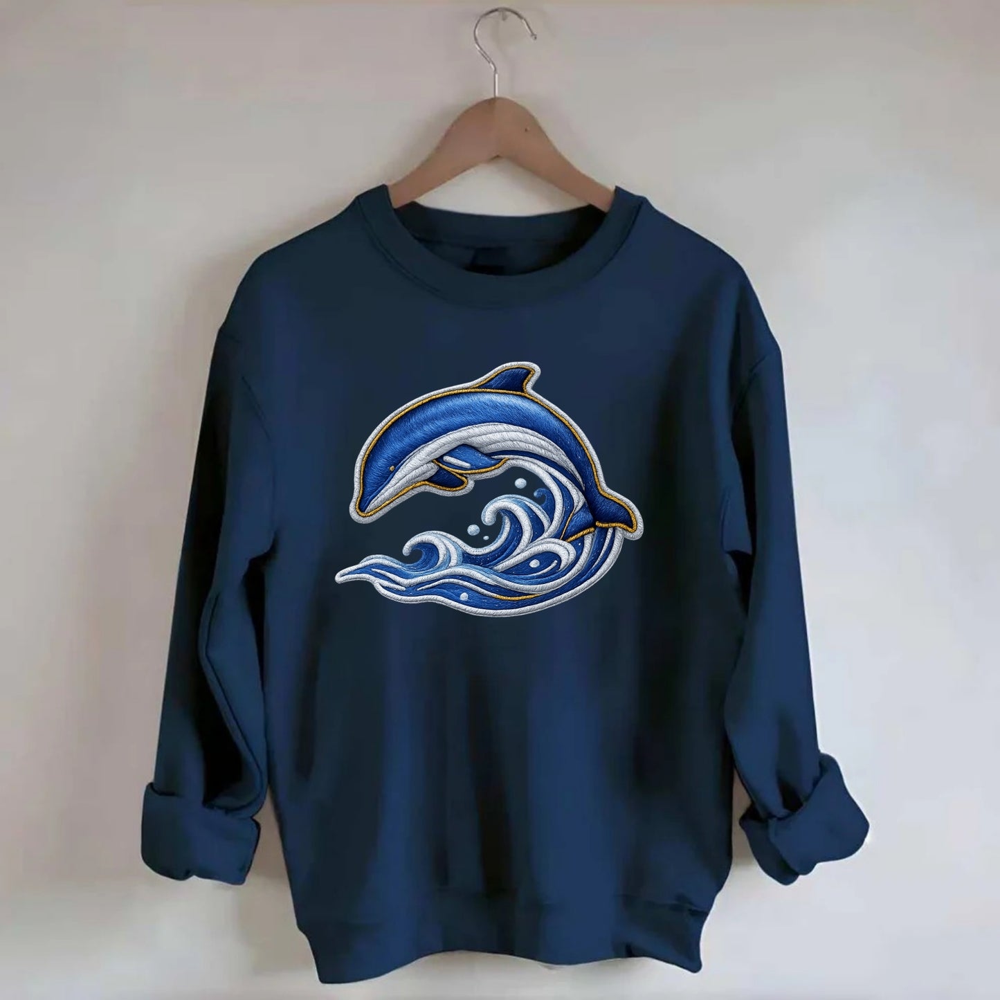 Embroidered patch design - SWIMMING DOLPHIN - diving dolphin with waves in - Crewneck Sweatshirt - navy