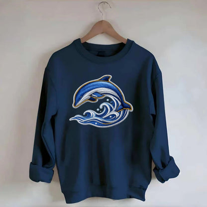 Embroidered patch design - SWIMMING DOLPHIN - diving dolphin with waves in - Crewneck Sweatshirt - navy