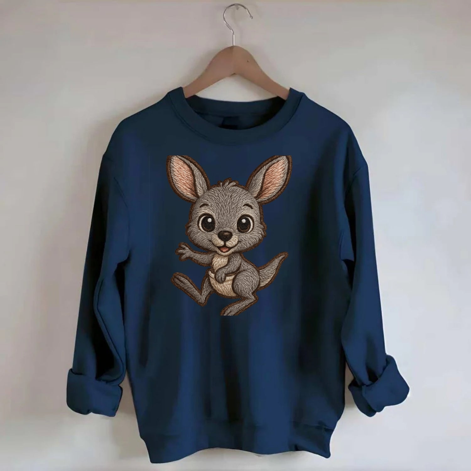 Baby Kangaroo Joey - gray fur, large ears, in pouch peek, bright eyes, - Crewneck Sweatshirt - navy