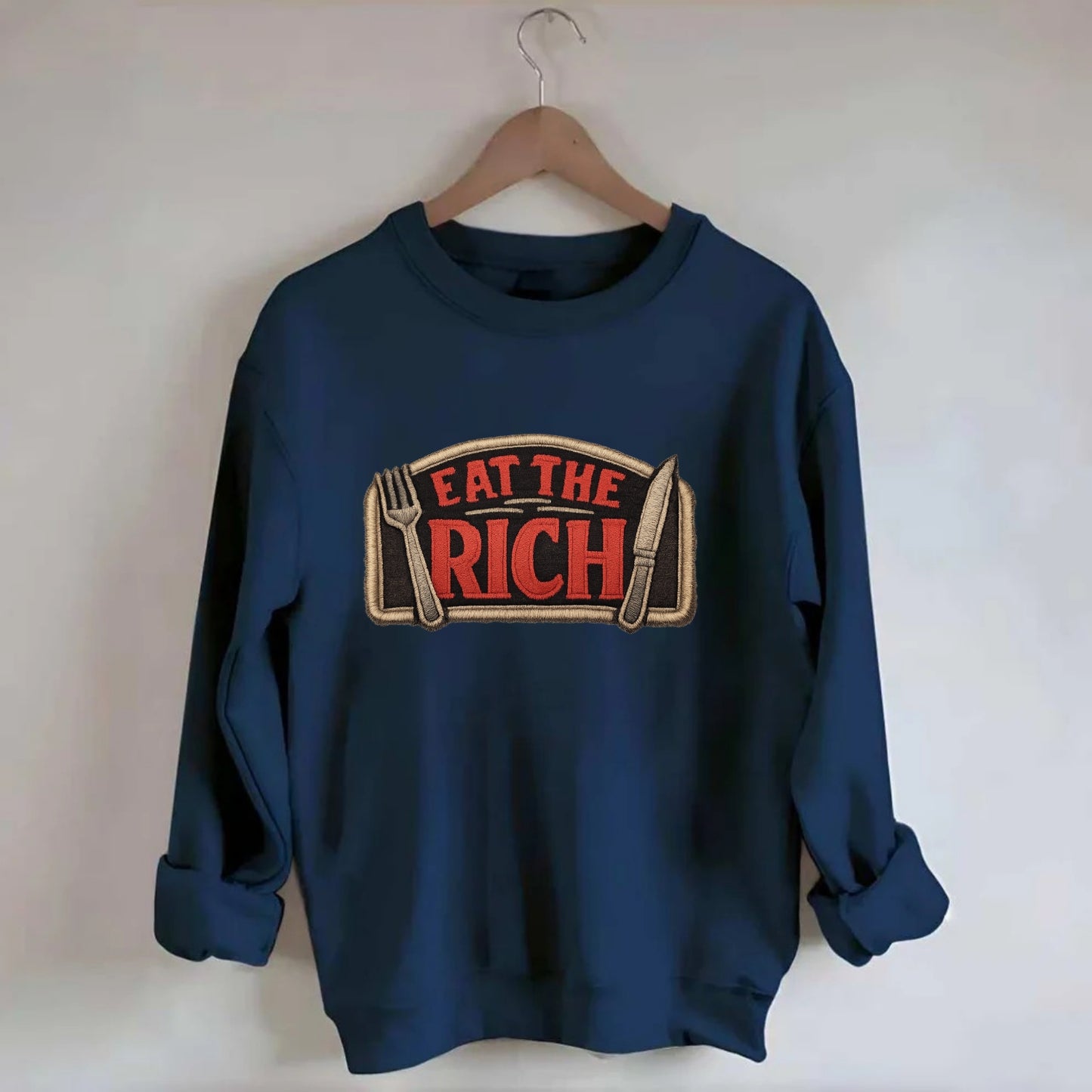 EAT THE RICH - fork and knife with text in red and silver , class war - Crewneck Sweatshirt - navy