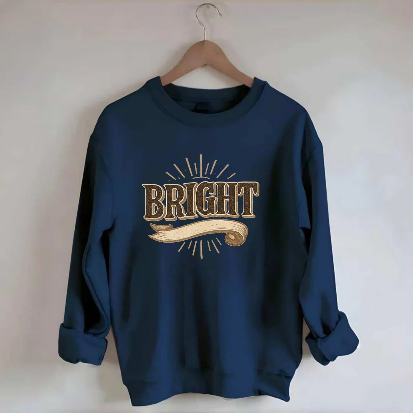 Bold typography design - "BRIGHT" - intelligent, shining - Crewneck Sweatshirt - navy
