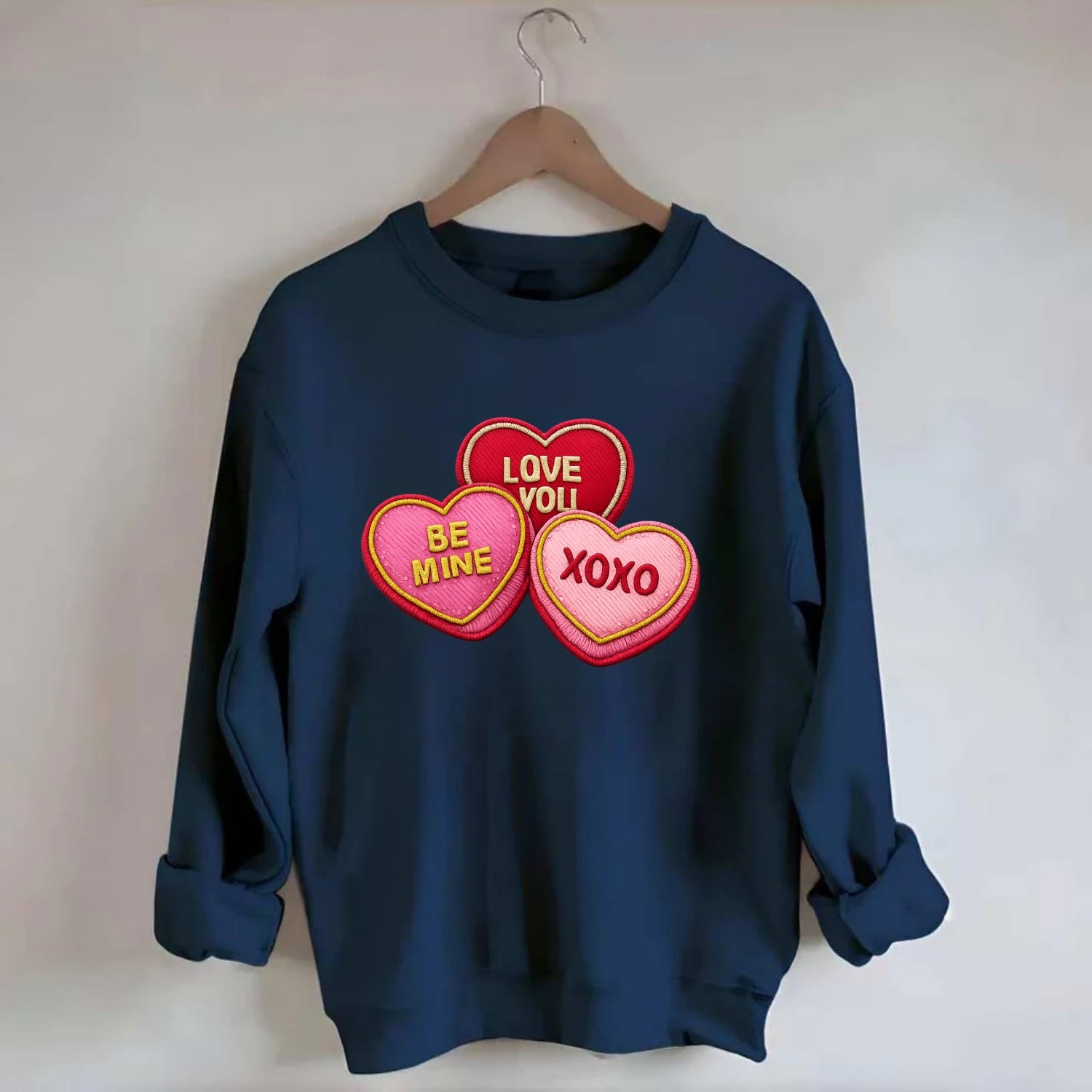 VALENTINES HEARTS - candy hearts in pink and red , love day - Crewneck Sweatshirt - navy