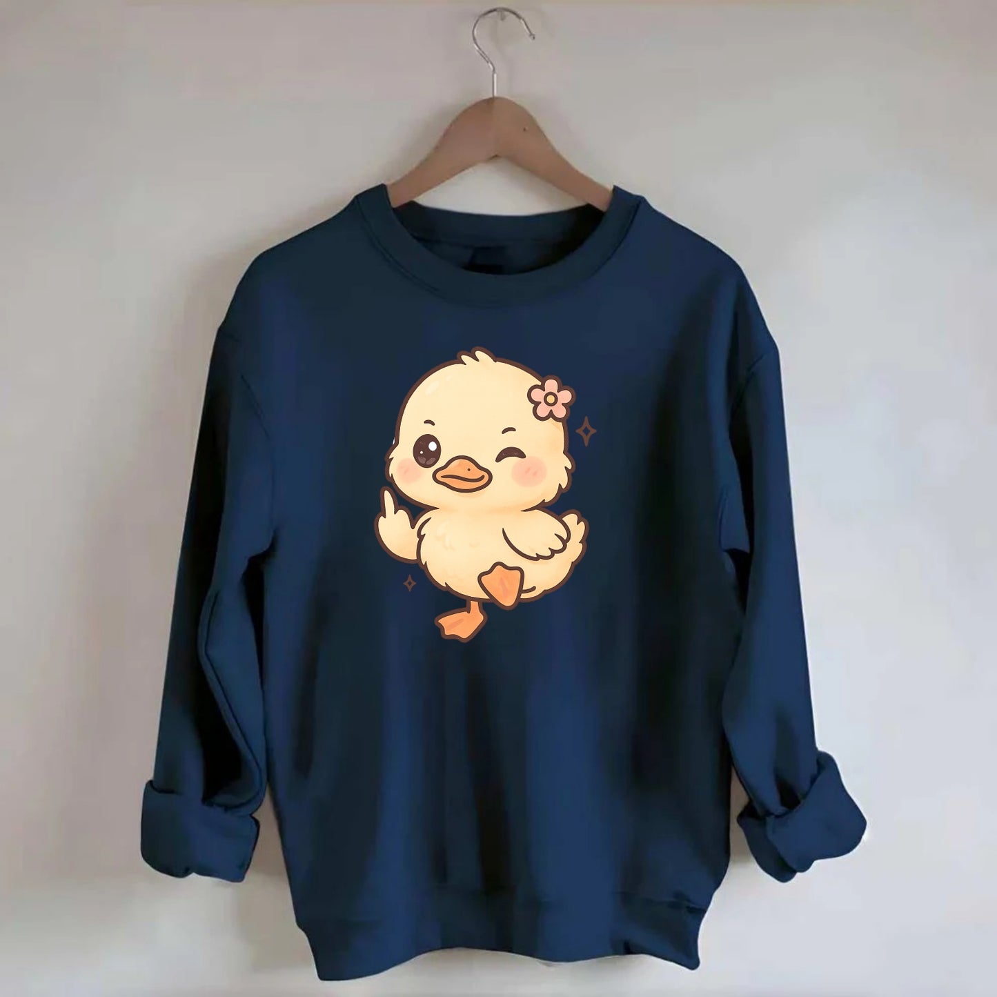 fluffy baby duck with small flower, one webbed foot raised sassily - Crewneck Sweatshirt - navy