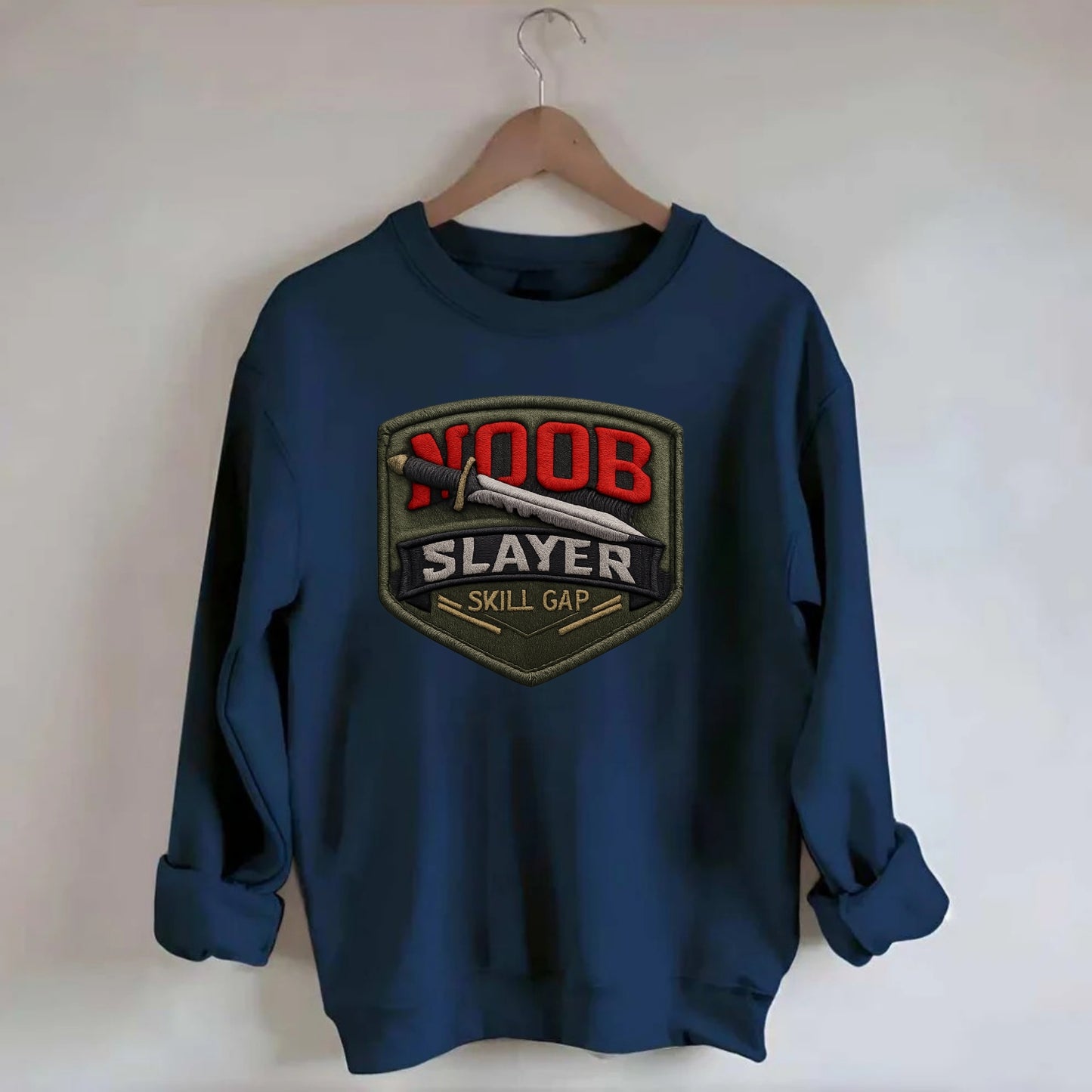 NOOB SLAYER - sword through noob text in red and silver , skill gap - Crewneck Sweatshirt - navy