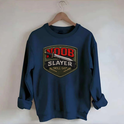 NOOB SLAYER - sword through noob text in red and silver , skill gap - Crewneck Sweatshirt - navy