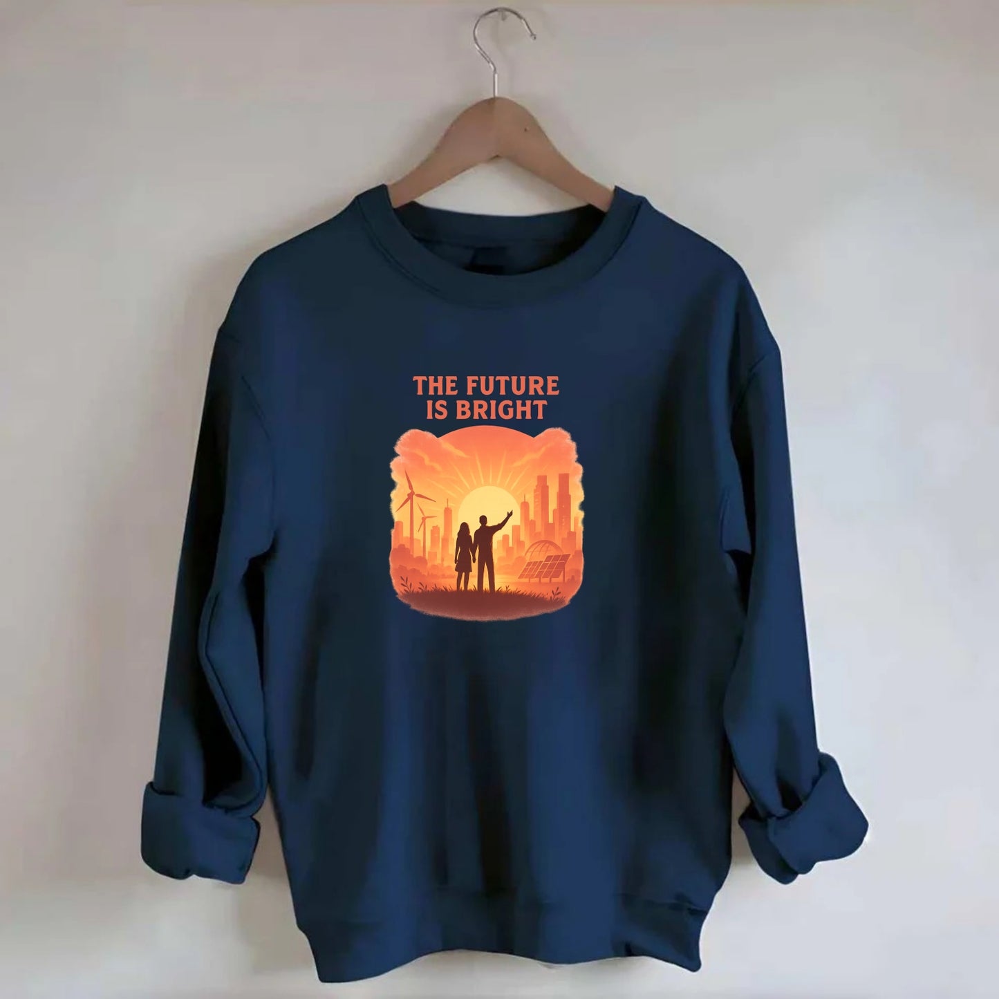 Sunrise over thriving sustainable city - "The Future is Bright" - optimistic - Crewneck Sweatshirt - navy