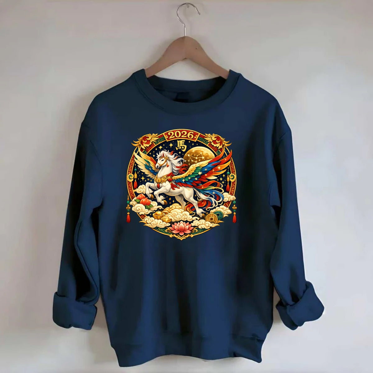 CELESTIAL HORSE | Heavenly horse among clouds and stars | Wings of flowing - Crewneck Sweatshirt - navy